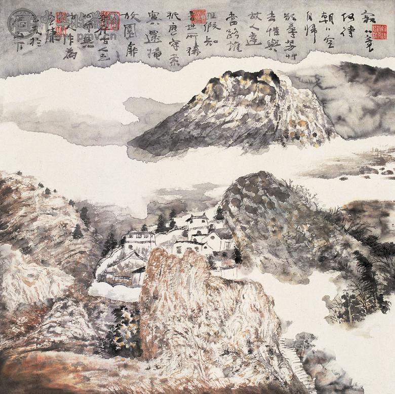 胡应康 1995年作 寂寥山村 镜心 设色纸本