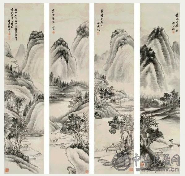 张祥河 1858年作 山水四屏 立轴 水墨纸本