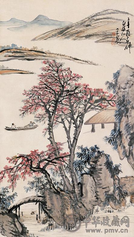 王震 辛酉(1921年)作 春溪泛舟 立轴 设色纸本