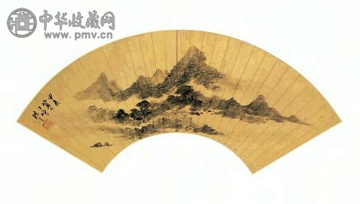 陈星 夏山烟雨 扇面 水墨金笺