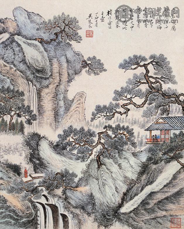 吴琴木 1927年作 溪山观瀑图 立轴 设色纸本