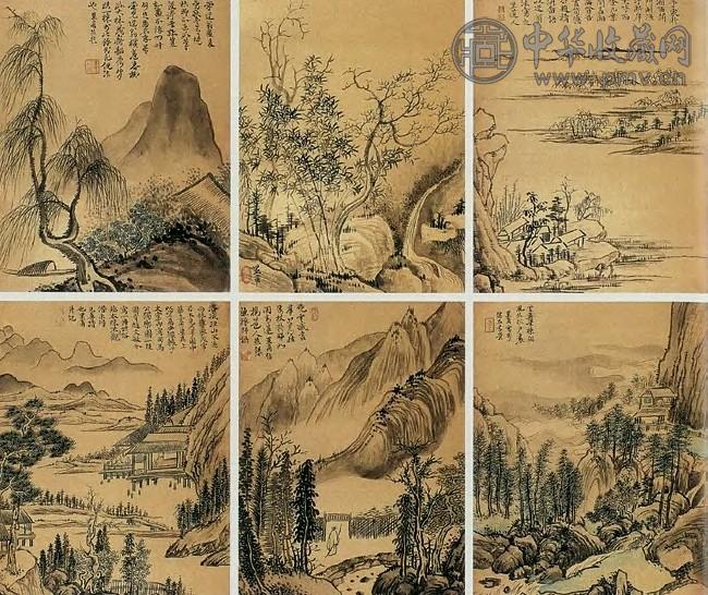 谢兰生 山水图 册页(12开选4) 绢本设色