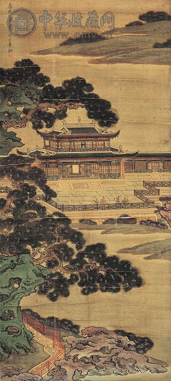 袁江(款) 殿台弄笛图 立轴 设色绢本