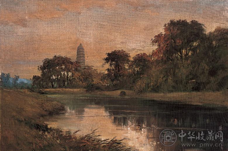 朱士杰 1980年作 西湖白塔风景 油彩布面