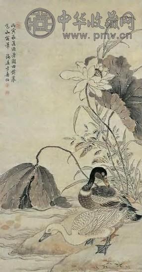 清 于寿伯 荷塘双鸭 轴