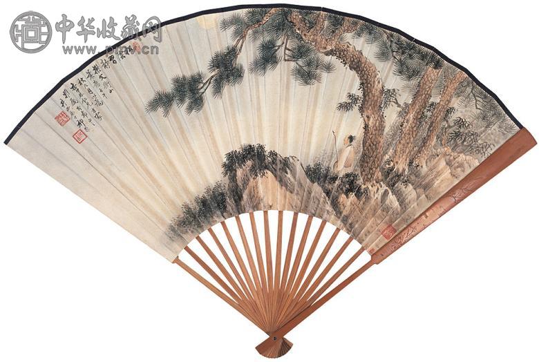 祁崑 松阴习静 成扇 设色纸本