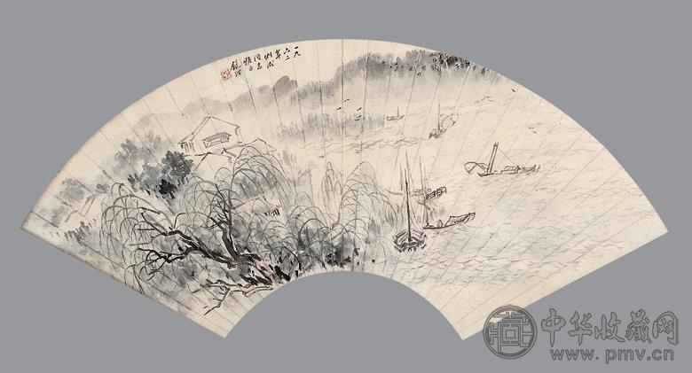 吴镜汀 1962年作 山水 扇面 设色笺纸