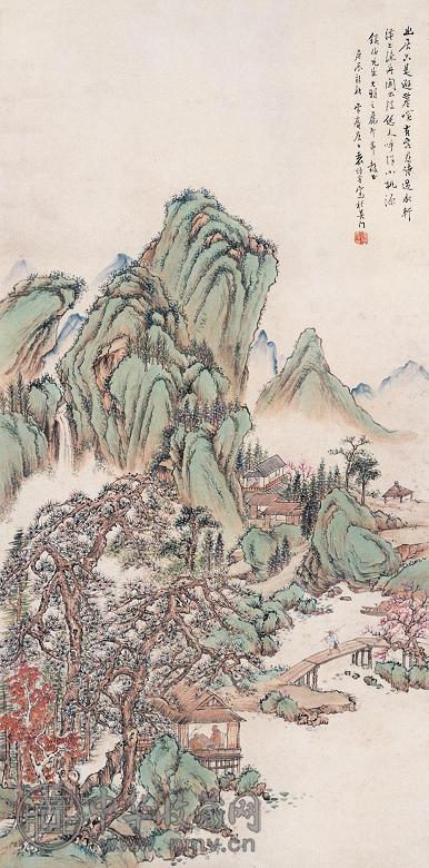 袁培基 庚辰(1940年)作 松山觅句 屏条 设色纸本