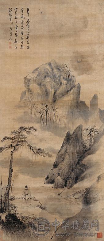 陈继儒(款) 山水 立轴 水墨绫本