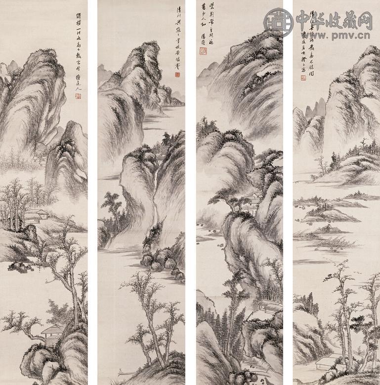 汤涤 山水 四屏 水墨绢本