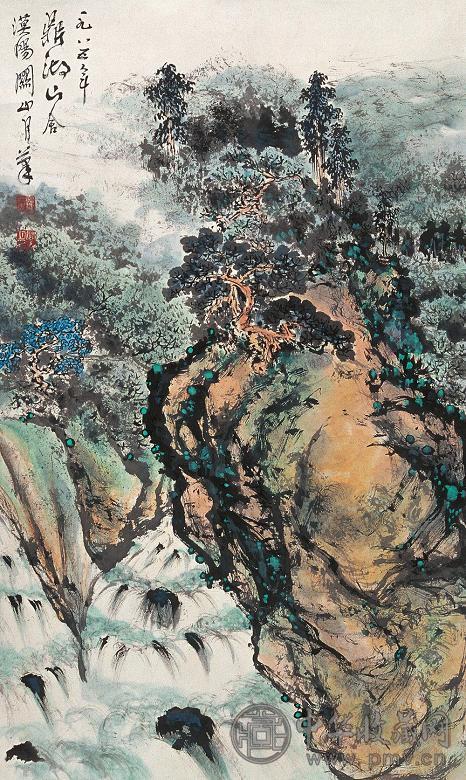 关山月 1985年作 鼎湖山舍 立轴 设色纸本