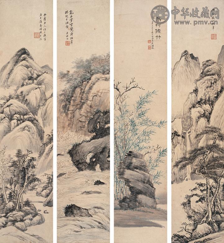 吴湖帆 1927年作 拟古 四屏 设色纸本