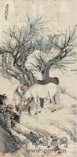 张之溶 1907年作 饲马图 立轴 设色纸本