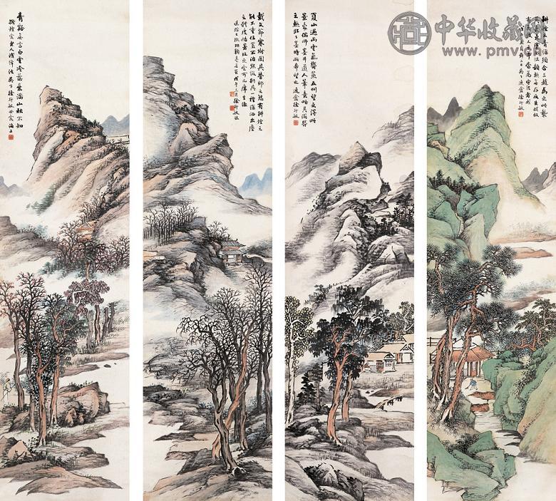 徐行敏 戊午(1918年)作 山水 四屏 设色纸本