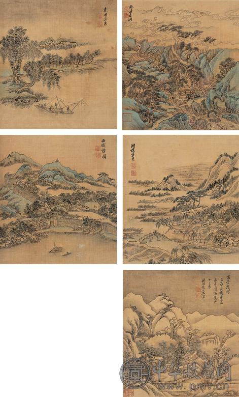 王翚 1912年作 虞山十二景 册(12开选5) 设色绢本