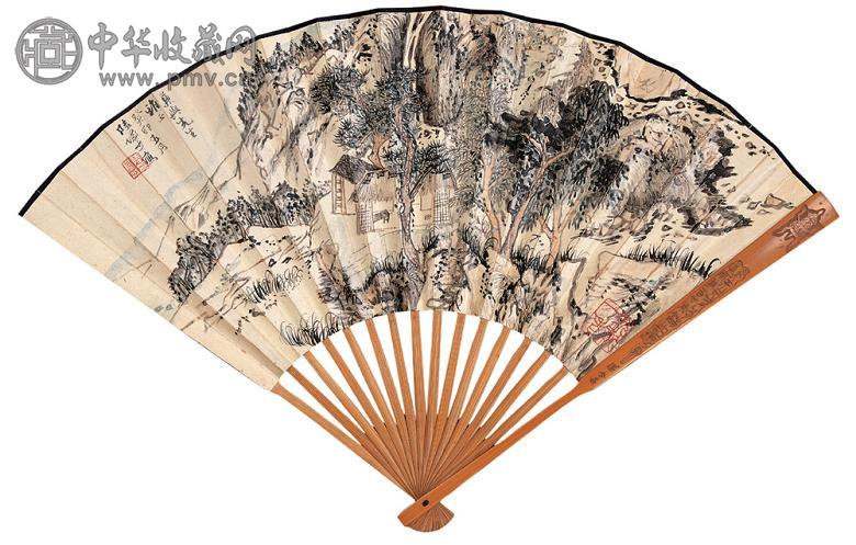 陆俨少 1963年作 溪山草堂 成扇 设色纸本