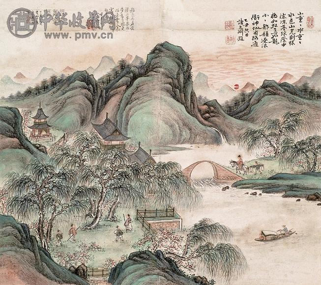 李嘉福 丁亥(1887年)作 溪山欢乐图 立轴 设色纸本