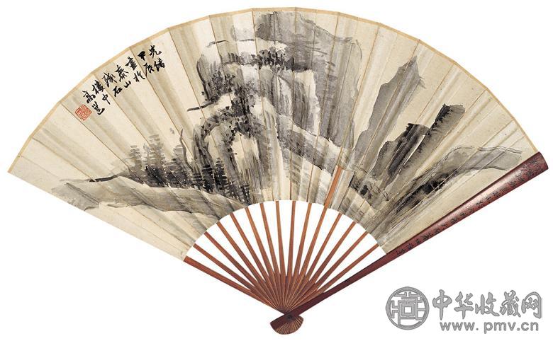 高邕 山水图并行书 成扇 水墨笺本