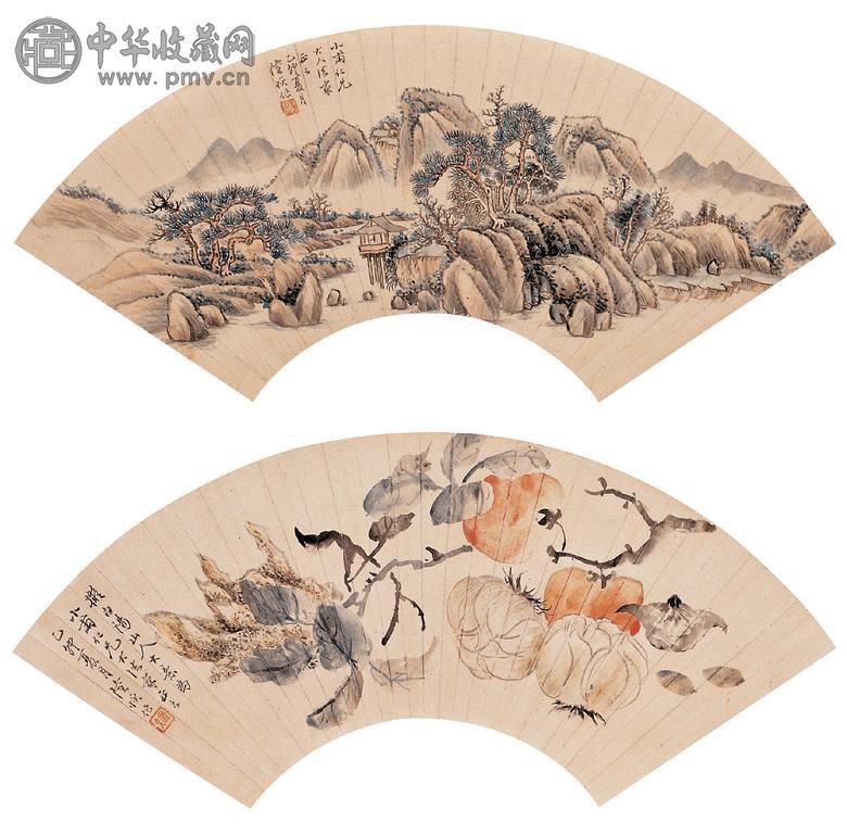 陆恢 1915年作 扇面双挖 立轴 设色纸本