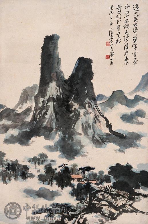 晏济元 甲戌(1934年)作 云峰人家 立轴 设色纸本