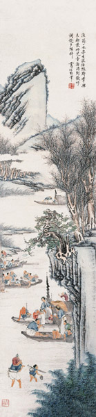 葛尊 渔家乐 立轴 设色纸本