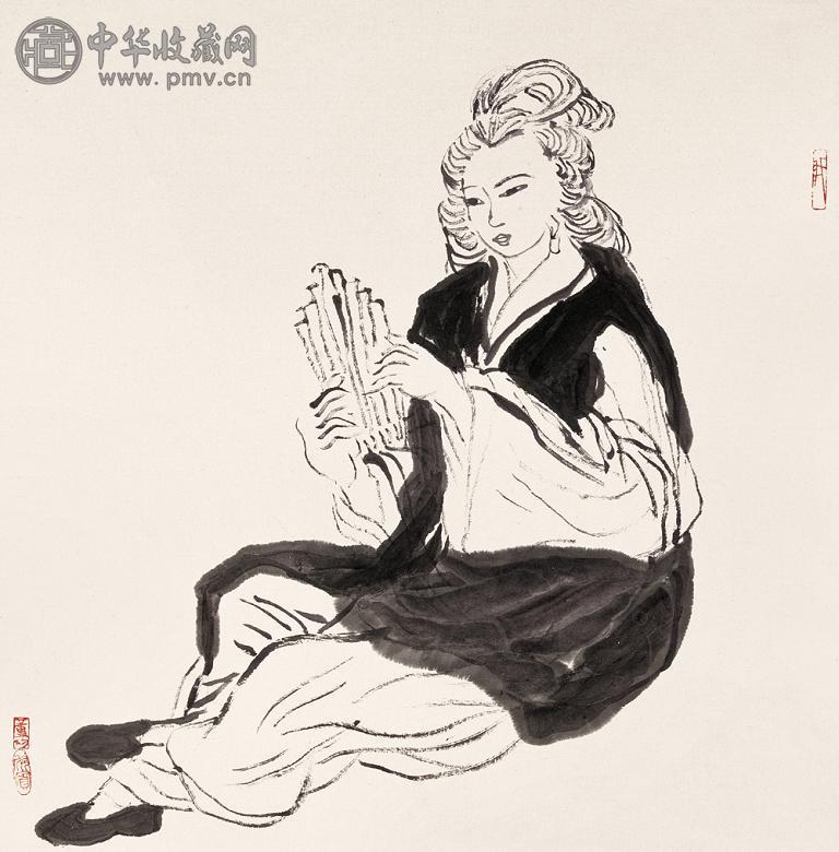 董欣宾 排箫仕女 镜心 设色纸本