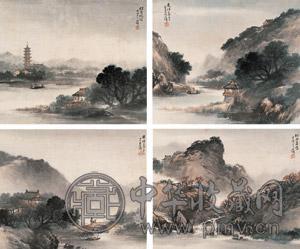 吴石僊 1892年作 湖山四景 镜心 设色纸本