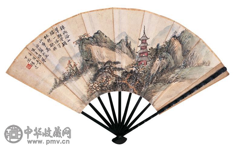 杨逸 童大年 1921年作 烟雨翠山 书法 成扇 设色纸本