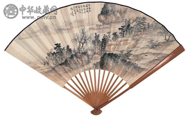 张炎夫 等 桃溪苇村图 成扇 设色笺本