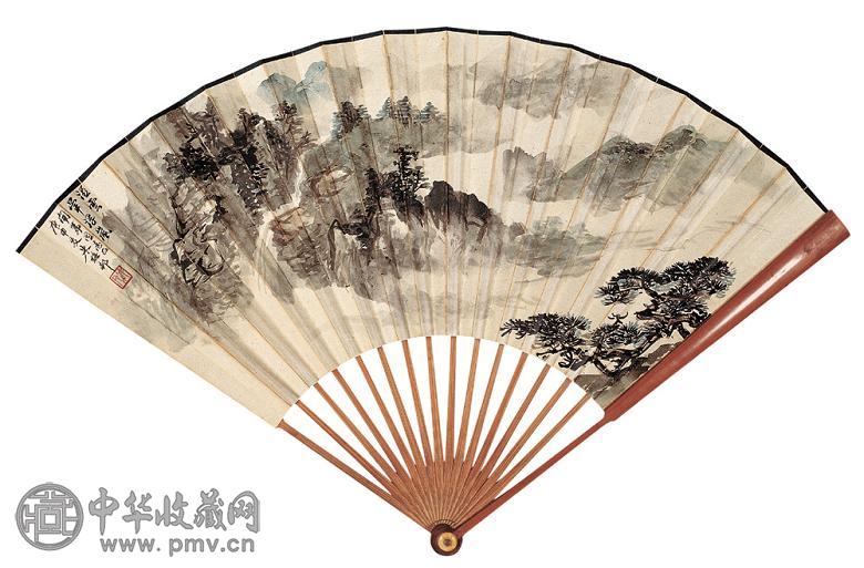 朱梅邨 湿云浮岚 行书 成扇 水墨笺本