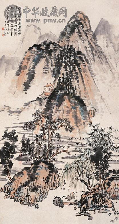 王震 庚申(1920年)作 柳荫消夏 立轴 设色纸本