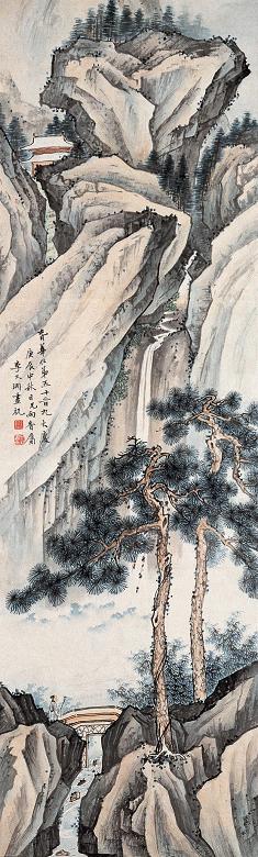 李文渊 庚辰(1940年)作 松山观瀑 立轴 设色纸本