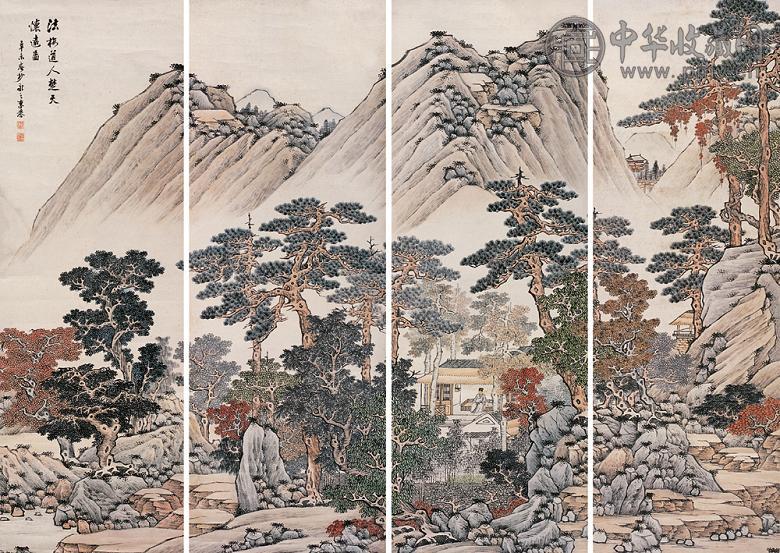 李誉 楚天怀远图 四屏 设色纸本