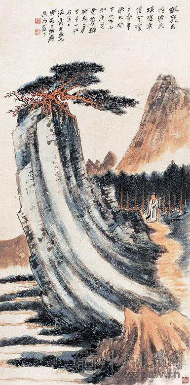 张大千癸未(1943年)作黄山松石立轴设色纸本收藏资讯|艺术家|书画