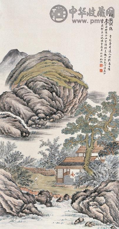 沈塘 桐荫调鹤图 立轴 设色纸本