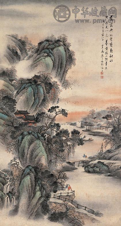 马汉三 丁巳(1917年)作 携琴访友 立轴 设色纸本