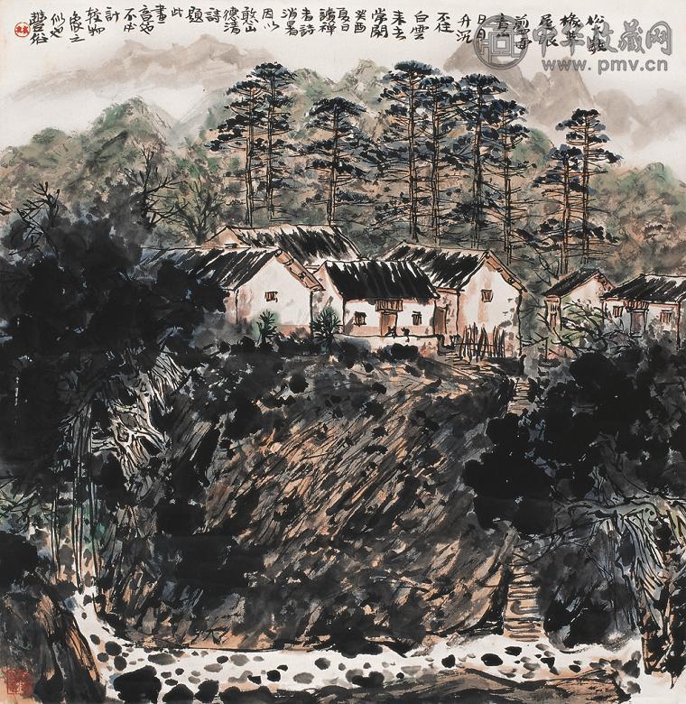 林丰俗 癸酉(1993年)作 山村景色 立轴 设色纸本