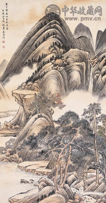 吴穀祥 壬寅(1902年)作 溪山策杖图 中堂