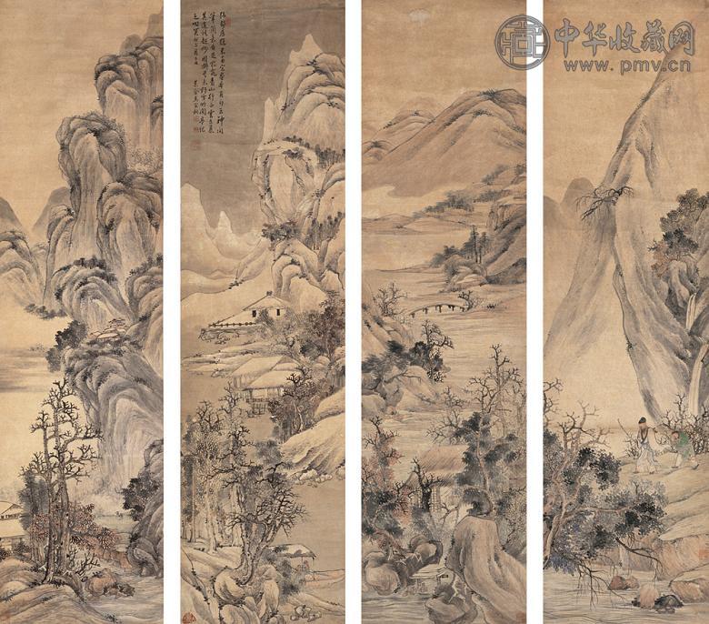 马家桐 癸卯(1903年)作 山水 四屏 设色纸本