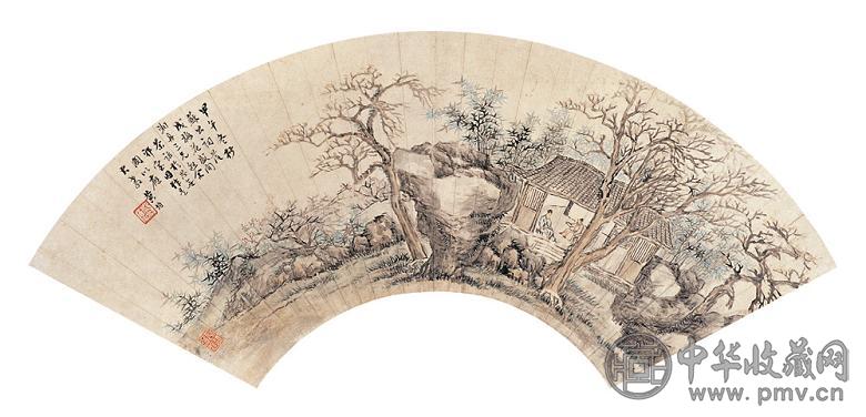 黄均 苏祠茶话 扇面 设色纸本