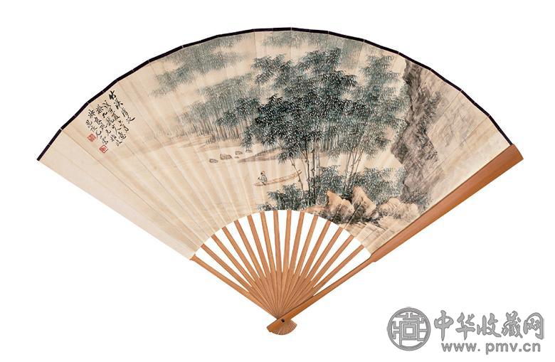 尤小云 王福厂 1948年作 竹溪泛舟图 隶书 成扇 设色纸本