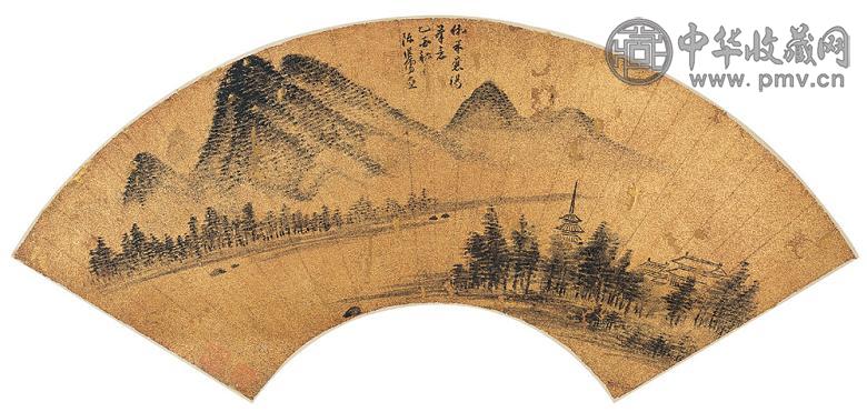 陈继儒 1585年作 仿米家山水 扇面 设色金笺