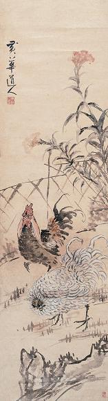 朱龄 冠上加官图 立轴 设色纸本