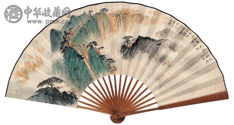 谢伯子 1944年作 华山飞鸟道 成扇 设色笺本