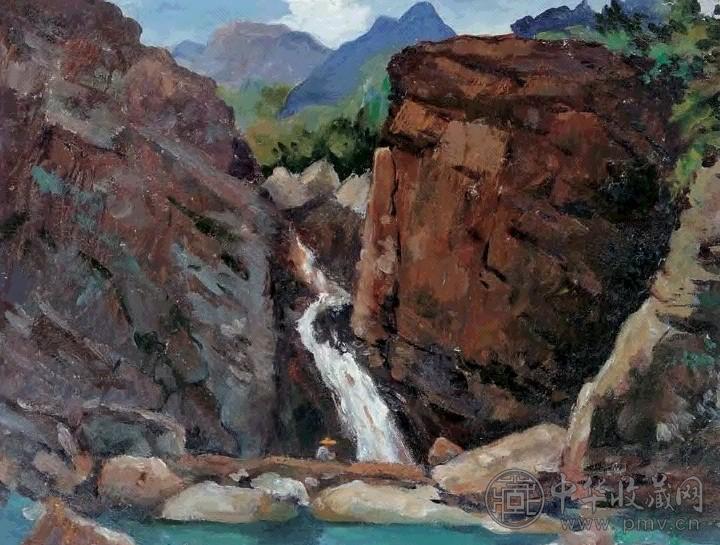 费以复 1976年作 崂山潮音瀑 纸上油画