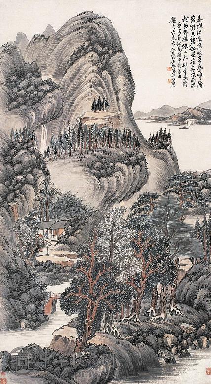 吴滔 1892年作 叠嶂归帆 镜心 设色纸本