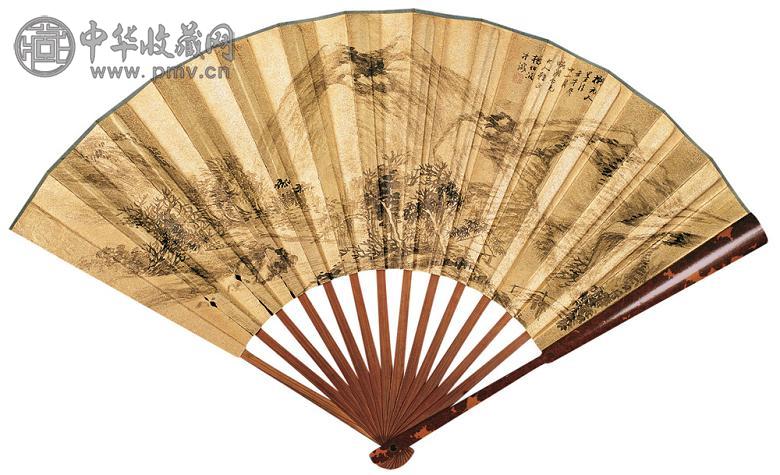 杨伯润 等 晴岚绝涧图 成扇 水墨泥金笺本