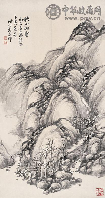 汤涤 丙辰(1916年)作 秋山烟霭 镜片 水墨纸本