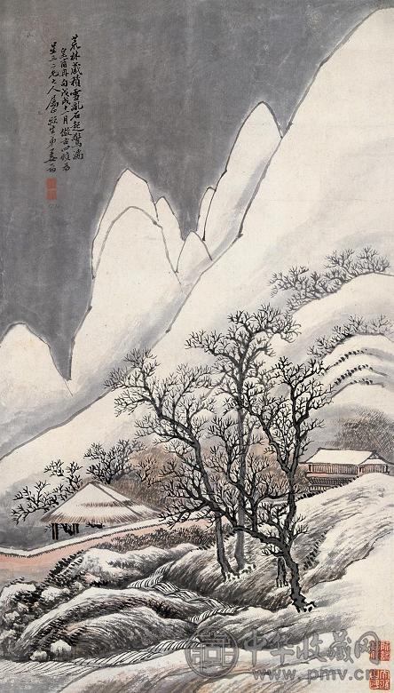 姜筠 1898年作 积雪惊湍 立轴 设色纸本