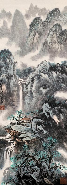 劳继雄 丁卯(1987年)作 万壑流泉 立轴 设色纸本